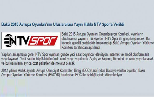 “NTV spor” “Bakı-2015”i canlı yayımlayacaq
